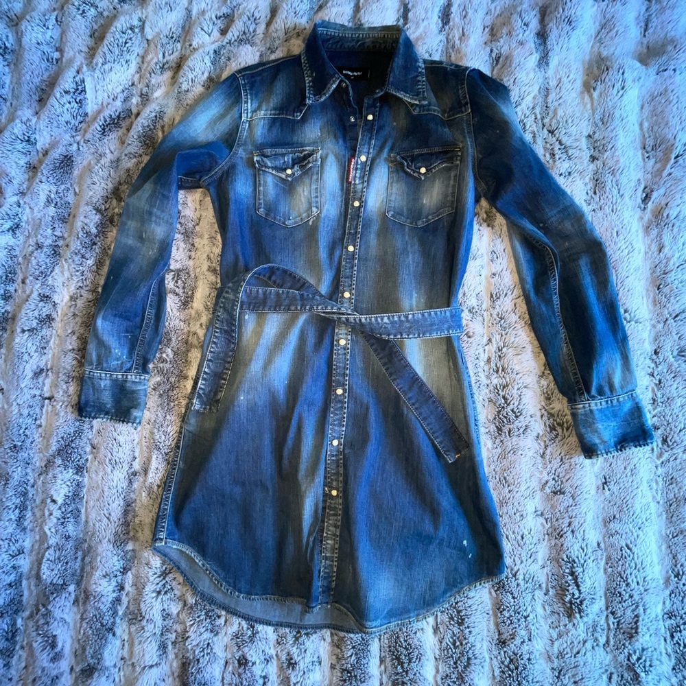 Rare Dsquared2 Denim Jean Belted Shirt Dress Dark Wash Sz 44 8 M/L